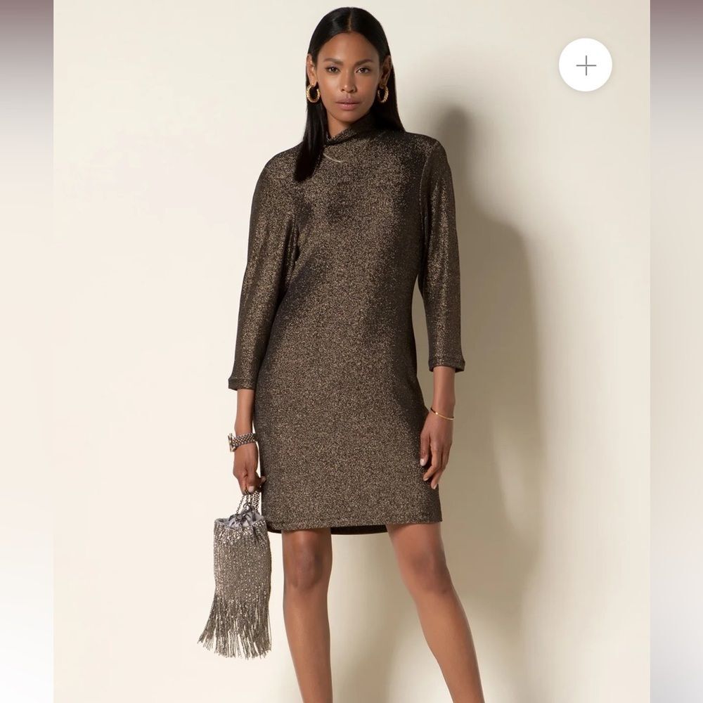 NWT Jemma Metallic Sparkly 3/4 Structured Sleeve Mock Neck Sheath Mini Dress